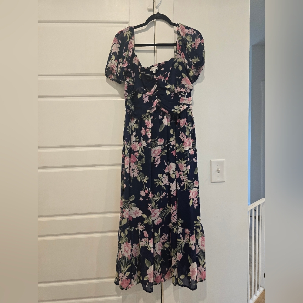 Luxology Navy and Pink Floral Maxi Dress